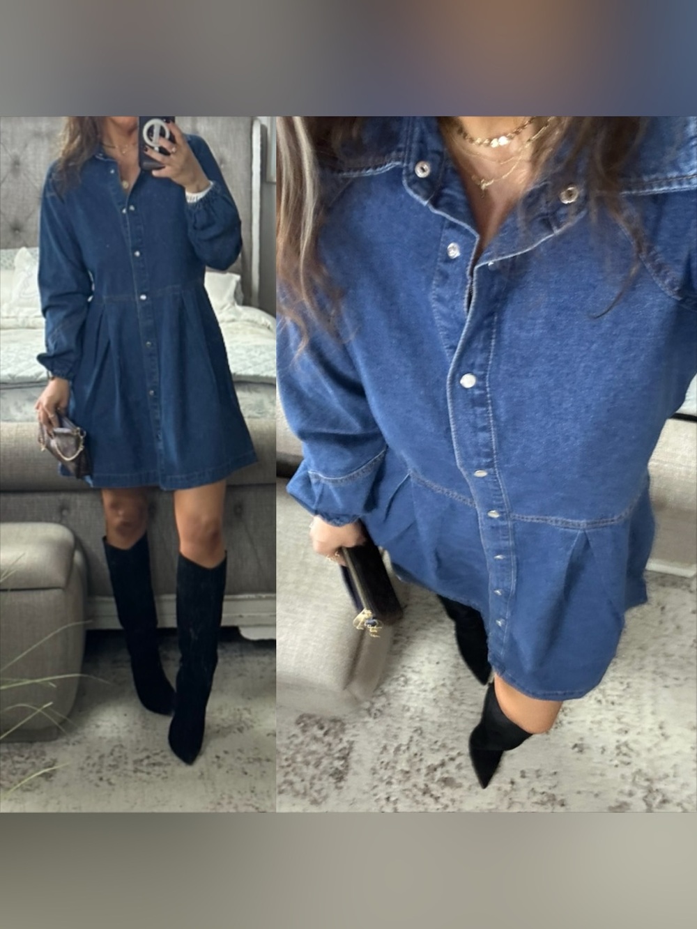 New🩷 Adorable Denim Snap Front Fit & Flare Dress